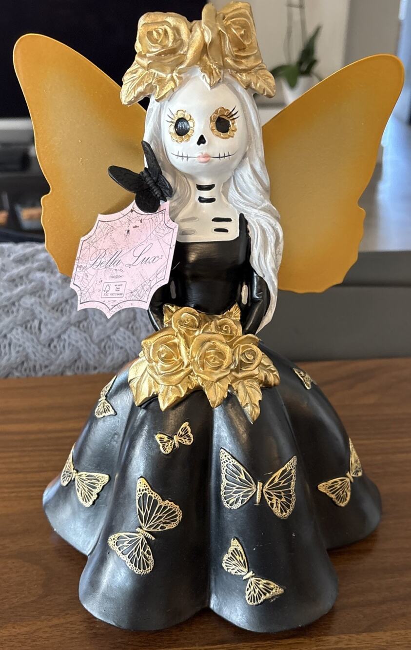 NWT Bella Lux Skeleton Butterfly Girl Metal Wings Halloween Decor Black Gold
